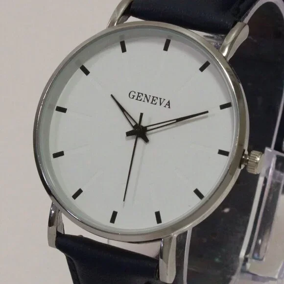 Men's Minimalist Fashion Watch Silver Case White Dial Navy Blue Strap 40mm - Picture 10 of 13